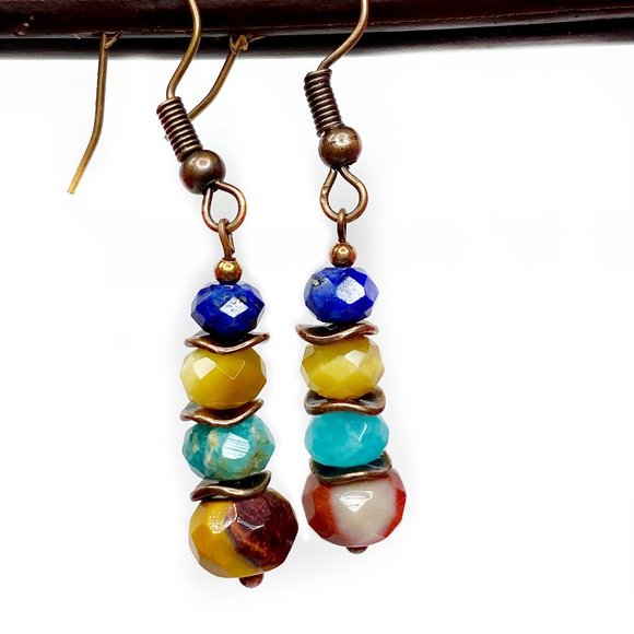Mookaite Amazonite Lapis Lazuli Tiger Eye Copper Earrings - Picture 6 of 6